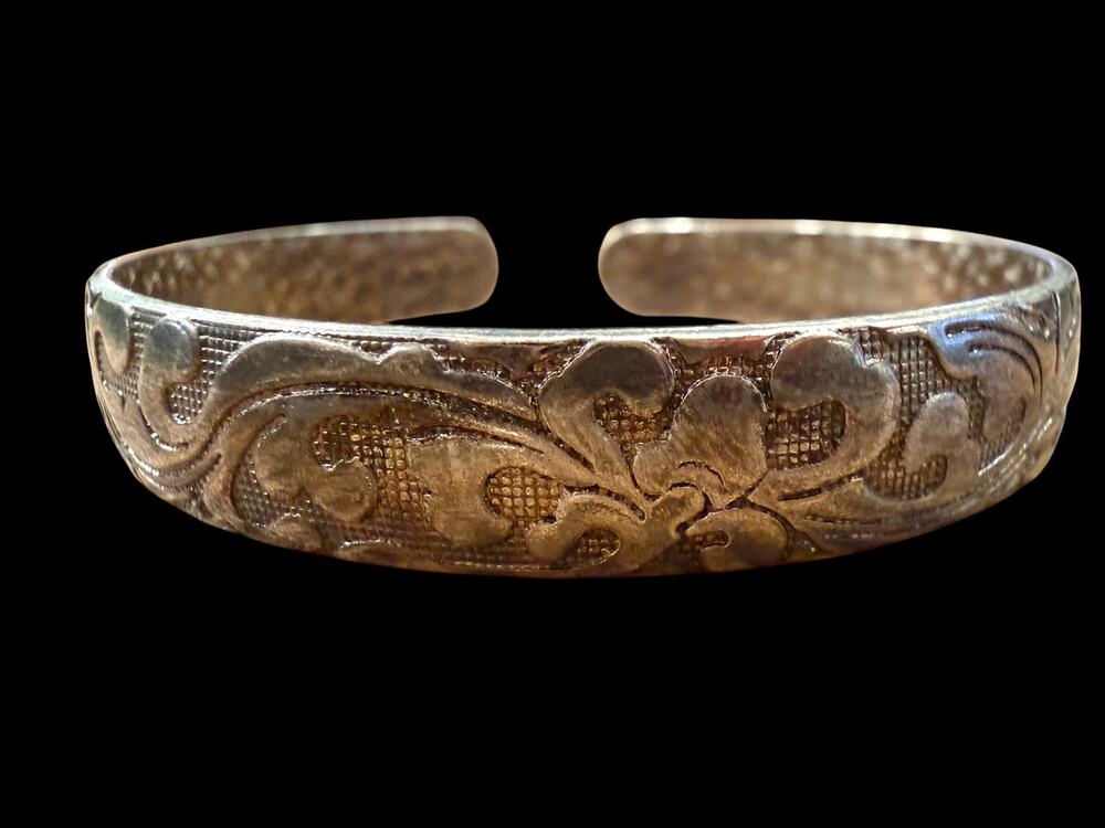 Vintage Chinese Export Zu Yin Pure Fine Silver Cuff Bracelet Cloud Floral Bangle